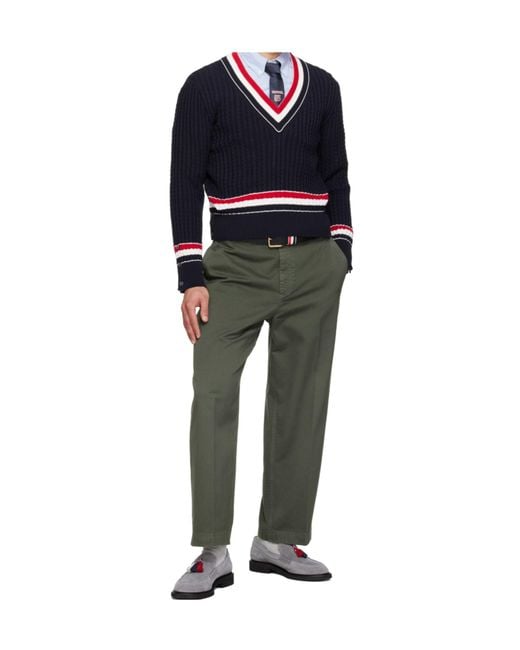 Thom Browne Blue Rwb Intarsia-Knit V-Neck Jumper for men