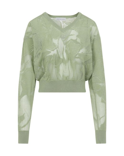 Dries Van Noten Green Lace V-Neck Sweater
