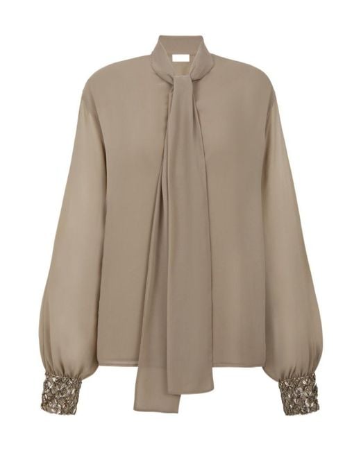 P.A.R.O.S.H. Brown Embellished-Cuffs Bow-Neck Blouse