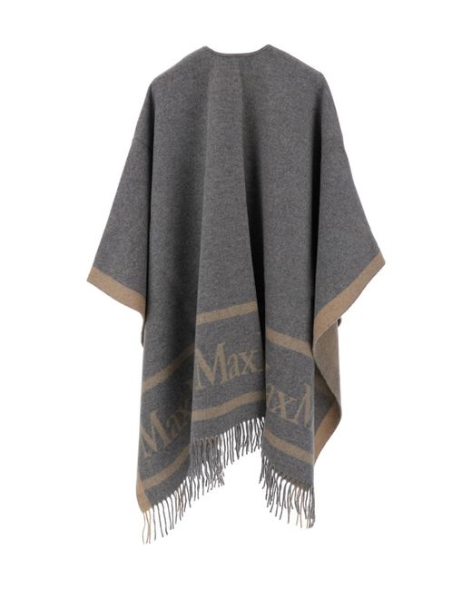 Max Mara Gray 'Hildestd' Stole With Fringed Hem And Logo Letteri