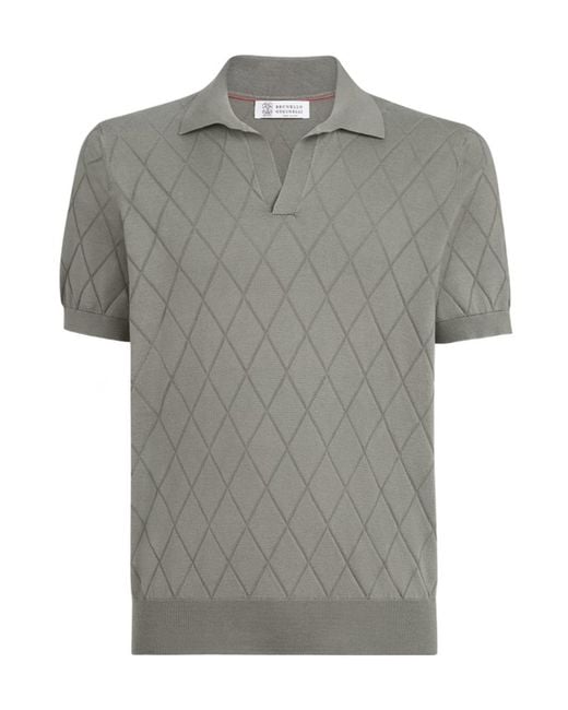 Brunello Cucinelli Gray Cotton Textured Argyle Lightweight Knit Polo Shirt for men