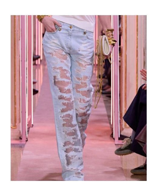 Elisabetta Franchi Blue Organza Detailed Distressed Palazzo Jeans