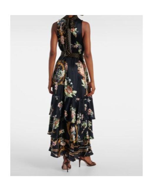 Camilla Black Belted Floral Tiered Silk Maxi Dress
