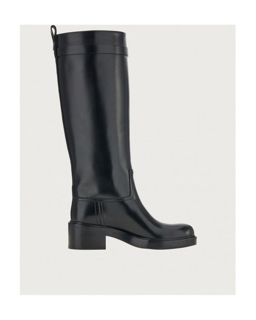 Ferragamo Black Gancini Round-Toe Knee Boots