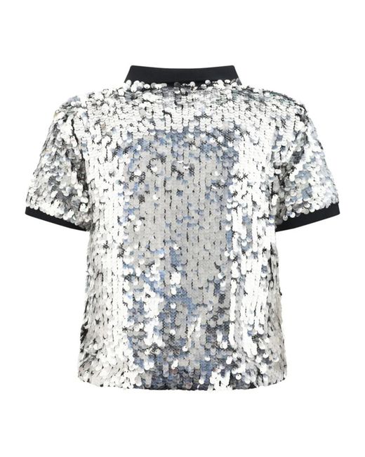 Pinko White Pupazzo Sequin Embellished Short-Sleeved Polo Top
