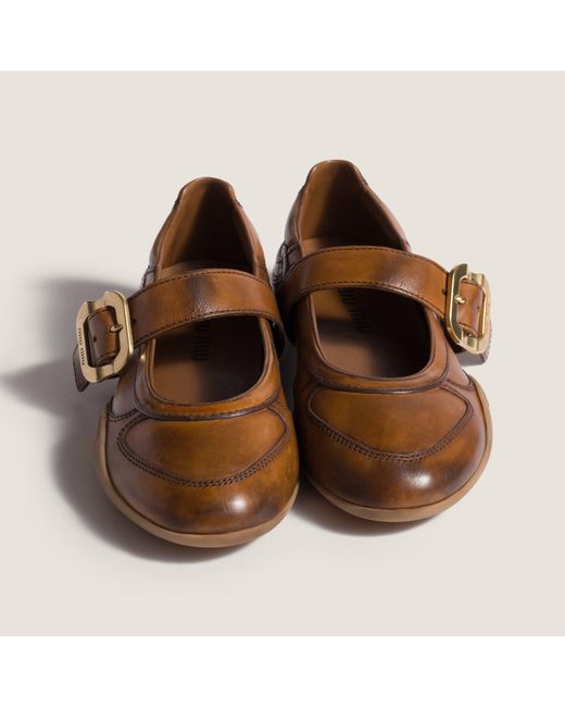 Miu Miu Brown Gymnasium Leather Ballerinas With Strap And Buckle