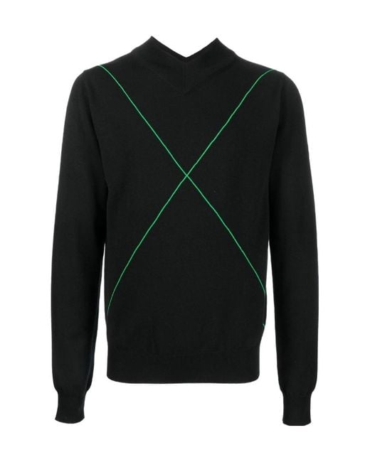 Bottega Veneta Black Contrast-Stitch V-Neck Knitted Jumper for men