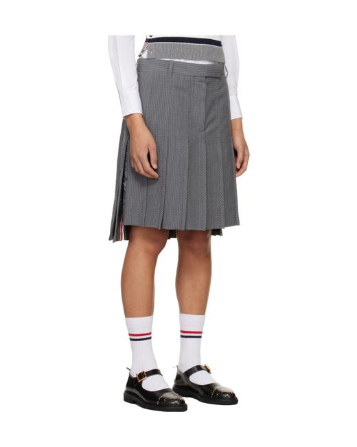 Thom Browne Gray Seersucker Pleated Mini Skirt