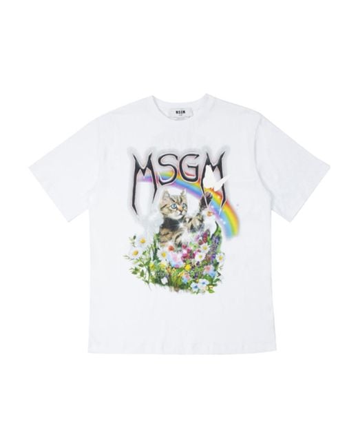 MSGM White Printed Short-Sleeved T-Shirt