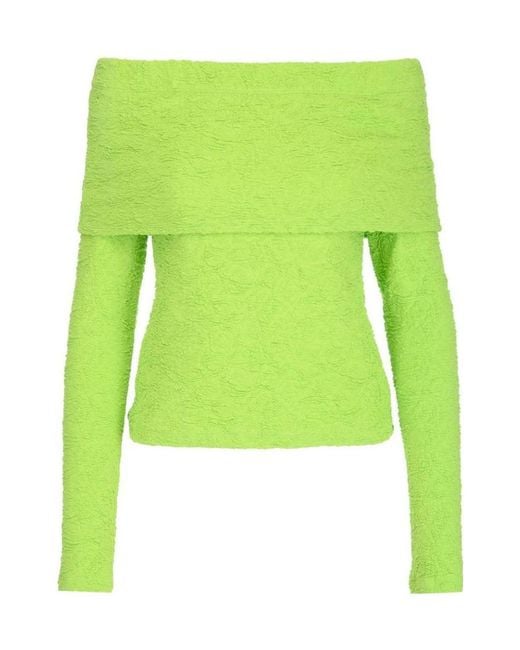 MSGM Green Embossed Off-Shoulder Long Sleeved Top