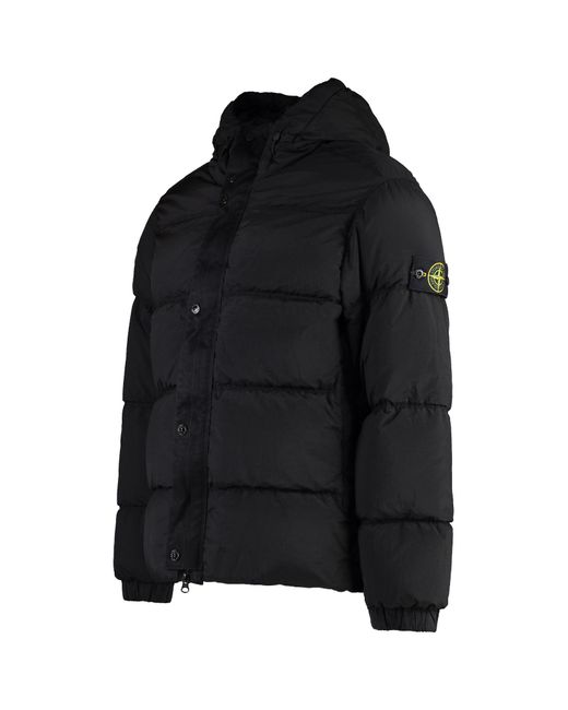 Stone Island Black Logo Patch Hooded Puffer Jacket for men