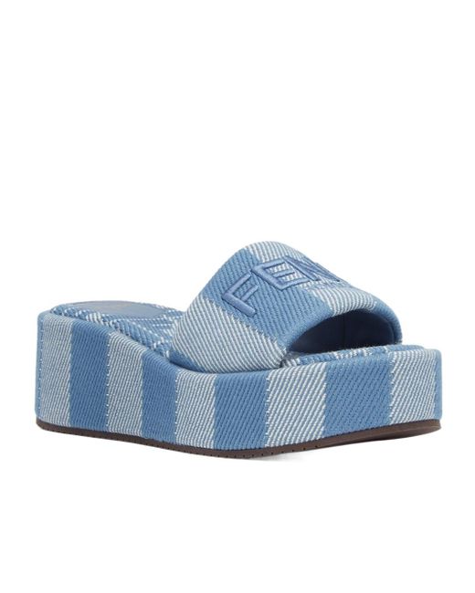 Fendi Blue Light Denim-Effect Jacquard Flatform Slides