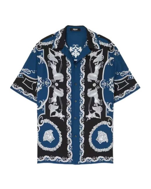Versace Blue Baroque Printed Short-Sleeved Shirt for men