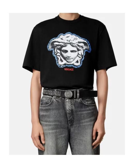 Versace Black Cotton T-Shirt With Ribbed Crew Neck for men