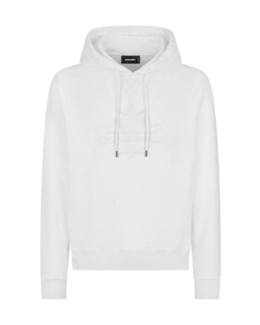 DSquared² White Logo Embossed Drawstring Hoodie for men