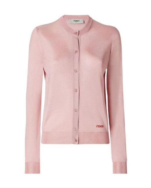 Fendi Pink Logo Embroidered Crewneck Buttoned Cardigan
