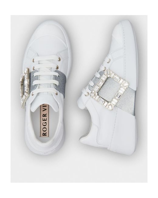 Roger Vivier White Viv' Skate Glitter Embellished Buckle Sneakers