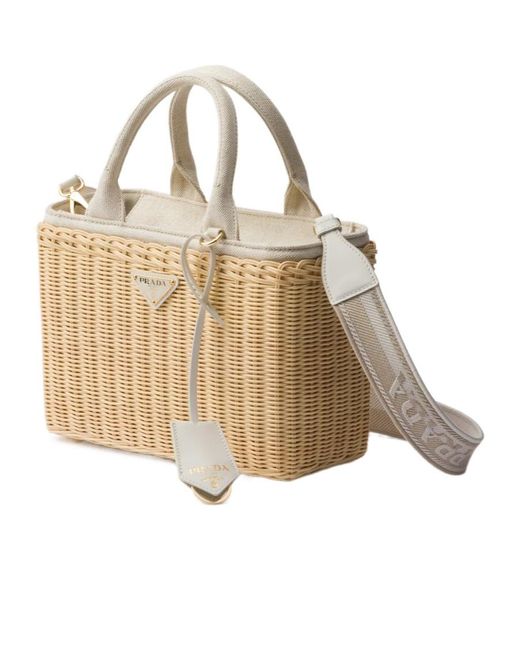 Prada Natural Medium Woven Fabric And Linen Blend Tote Bag