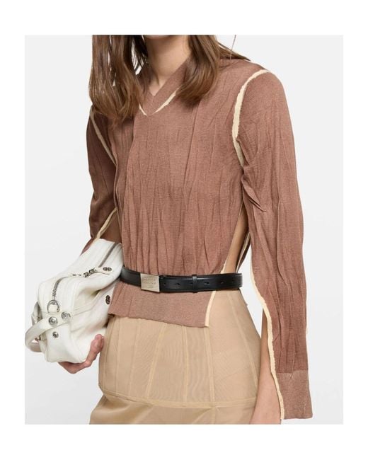 Acne Brown Crumpled V-Neck Knitted Sweater