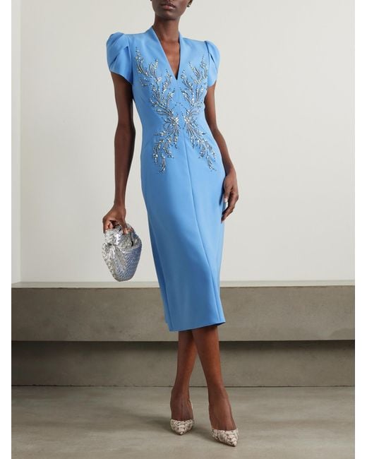 Jenny Packham Blue Crystal-Embellished Crepe Evening Gown