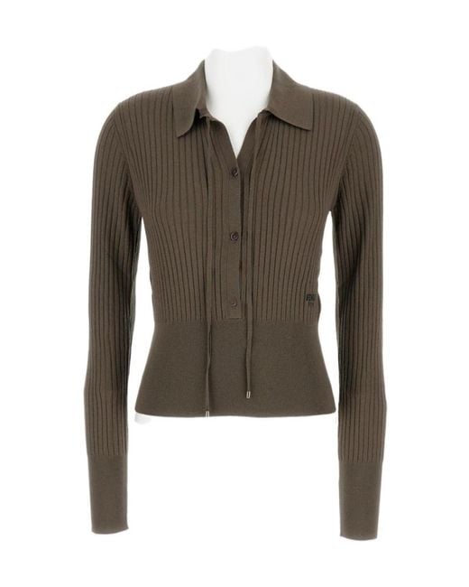 Fendi Green Tied-Neck Knitted Polo Shirt