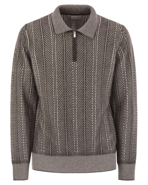 Brunello Cucinelli Gray Polo Neck Chevron Knitted Jumper for men