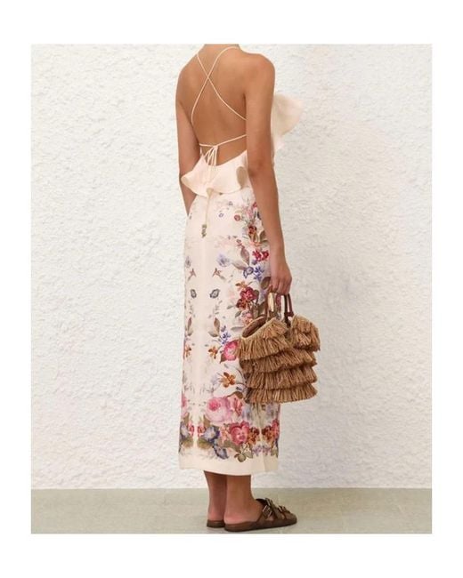 Zimmermann Natural Ruffled Floral Midi Dress