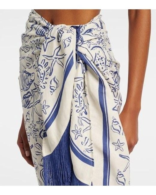 Jonathan Simkhai Blue Fringed Printed Linen-Blend Beach Cover-Up