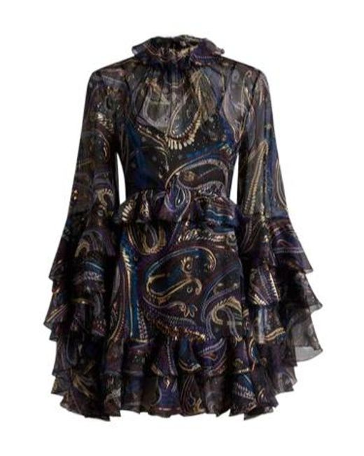 Etro Black Paisley Foliage Motif Ruffled Mini Dress