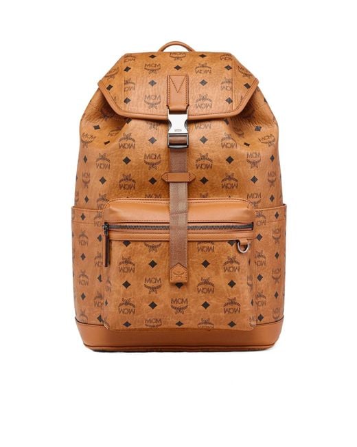 MCM Brown Monogram Printed Buckled Backpack