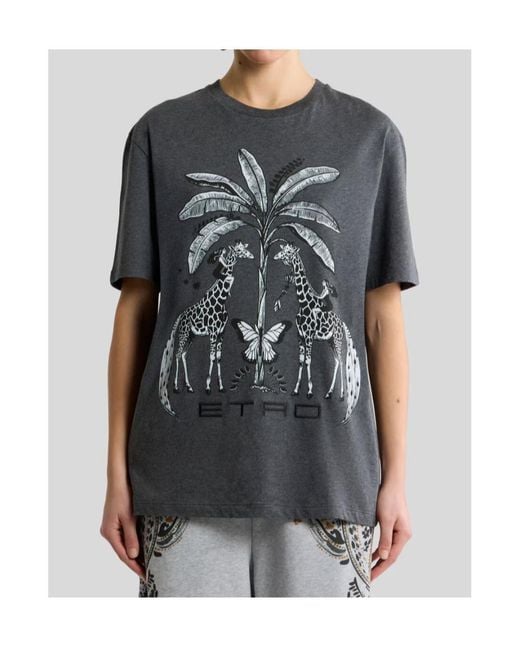 Etro Black Cotton Jersey T-Shirt With Placed Giraffe Print