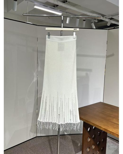 Uma Wang White Distressed Ribbed Knit Midi Skirt