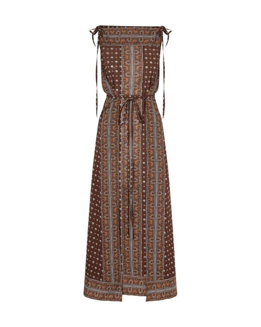 Doen Brown Belted Printed Organic Cotton-Voile Midi Dress