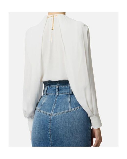 Elisabetta Franchi White Jewel-Collar Long-Sleeve Top