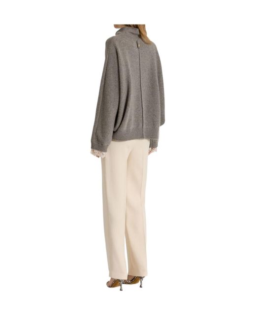Alberta Ferretti Gray Cashmere Sweater With Contrasting Lace Cuffs