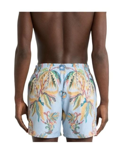 Etro Blue Swim Shorts With Placed Parrot And Palm Tree Print for men