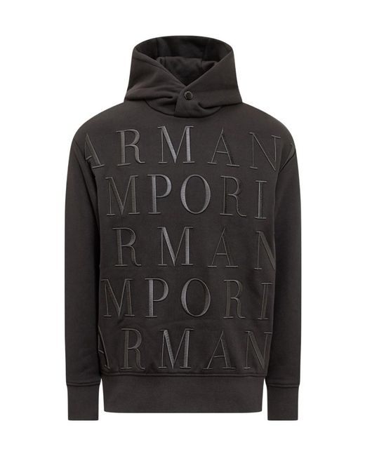 Emporio Armani Black Logo-Embroidered Cotton Hoodie for men