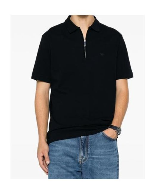 Emporio Armani Black Zip-Fastening Logo-Embroidered Polo Shirt for men