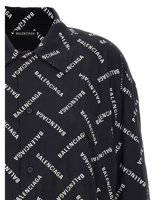 Balenciaga Black All-Over Logo Collared Long-Sleeve Shirt