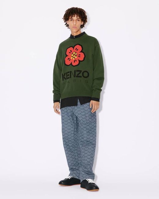 KENZO Green Boke Flower Logo Intarsia Crewneck Jumper for men