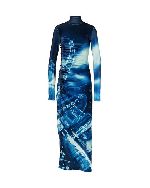 Jean Paul Gaultier Blue Pigalle Printed Gathered Velvet Dress