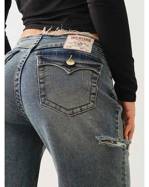 True Religion Blue Bobbi Frayed Low Rise Baggy Jean