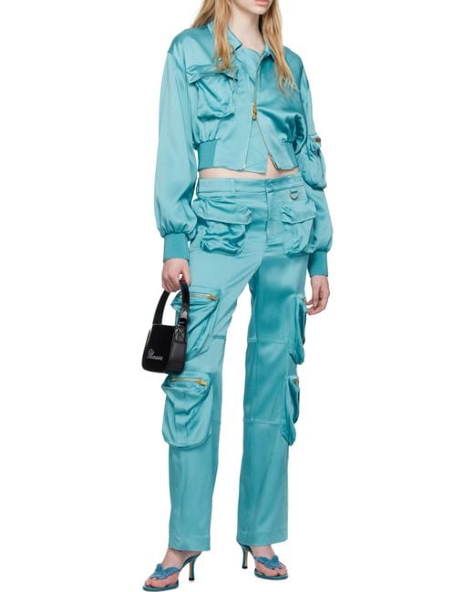 Blumarine Blue Straight Leg Satin Cargo Pants