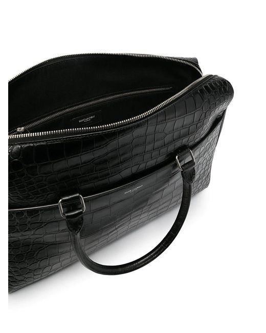 Saint Laurent Black Crocodile-Effect Leather Briefcase for men