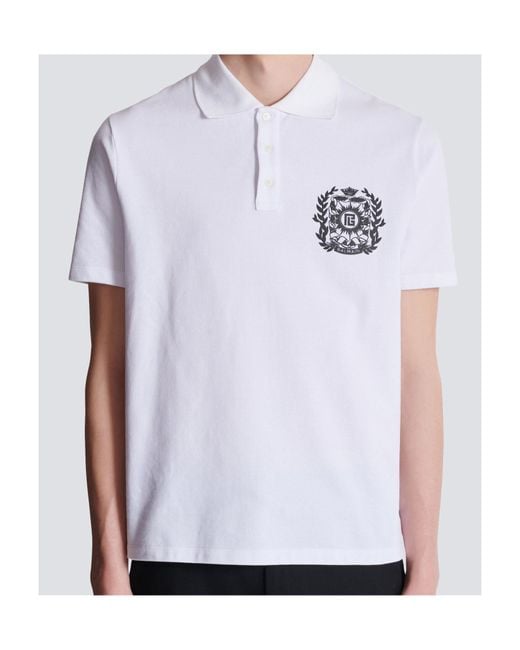 Balmain White Cotton Crest Print Polo Shirt for men