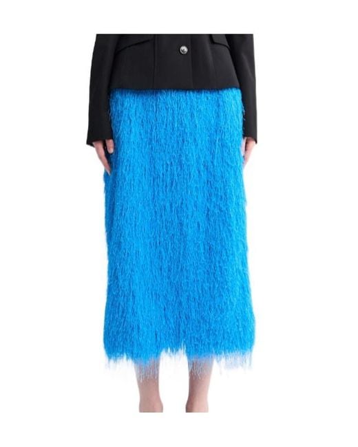 Dries Van Noten Blue Button Detailed Fringed Midi Skirt