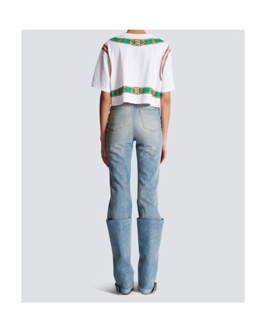 Balmain White Foulard Printed Cropped T-Shirt