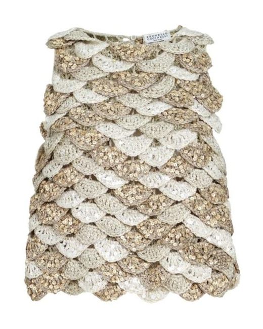 Brunello Cucinelli Natural Handmade Dazzling Shell Opera Knit Top