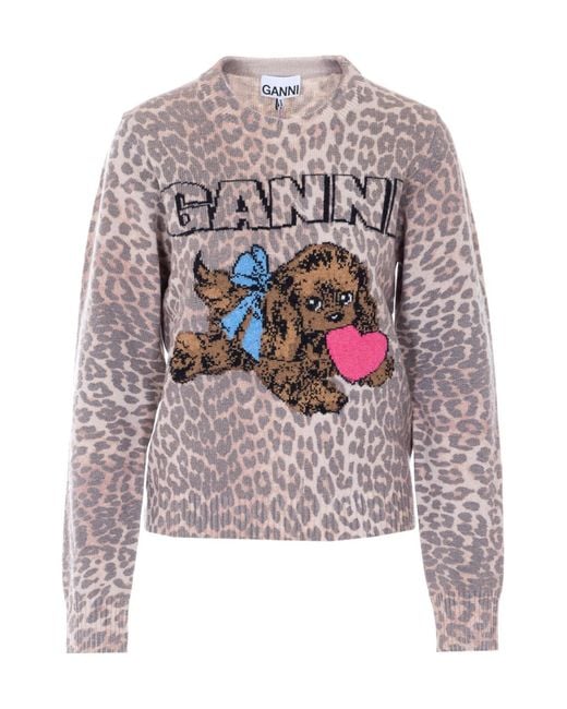 Ganni Gray Leopard Patterned Puppy Jumper