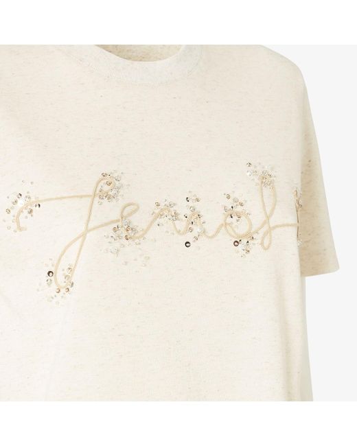 Fendi Natural Logo Embellished Crewneck T-Shirt